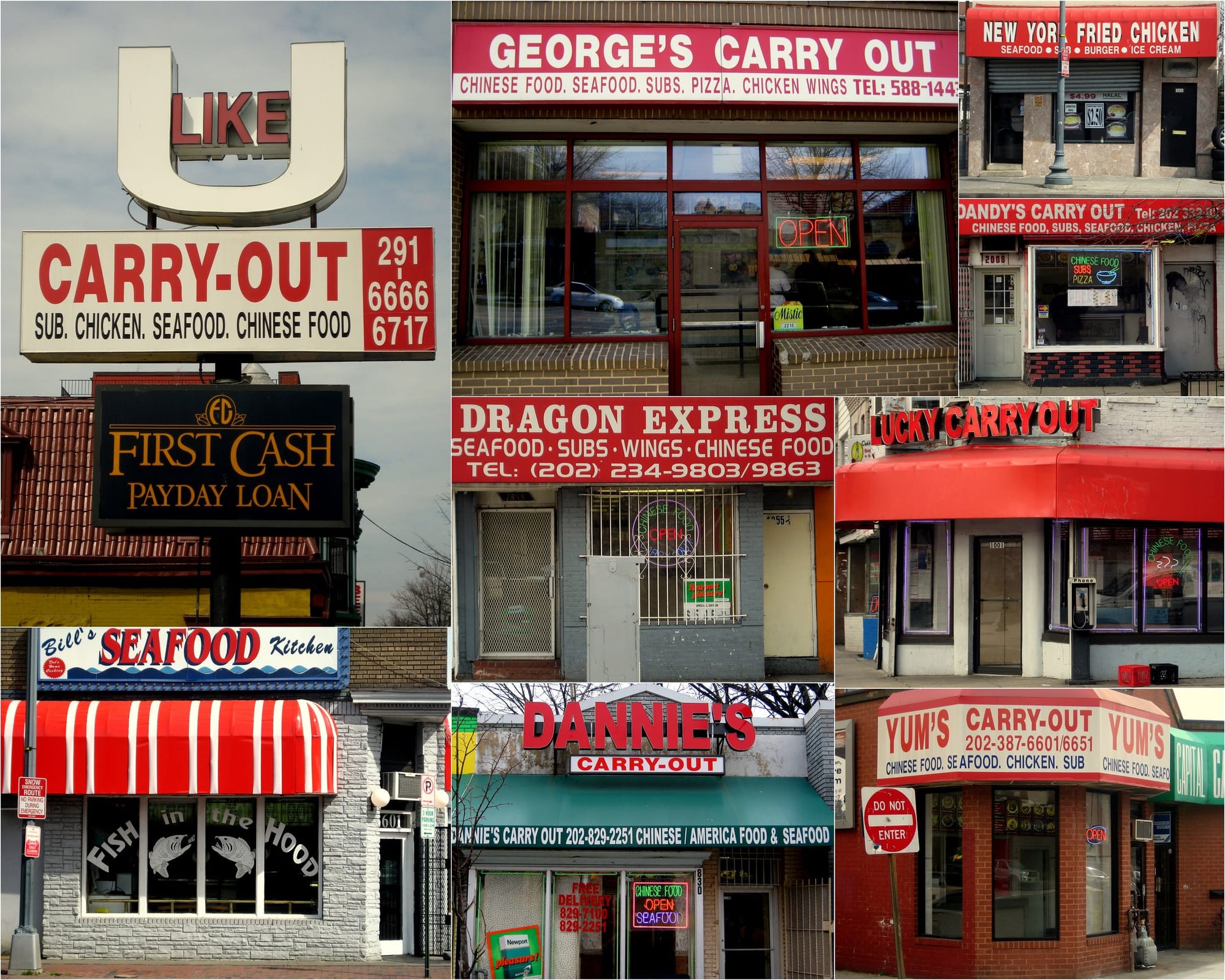 A collage of various D.C. carryout spots' storefronts, nine total. 