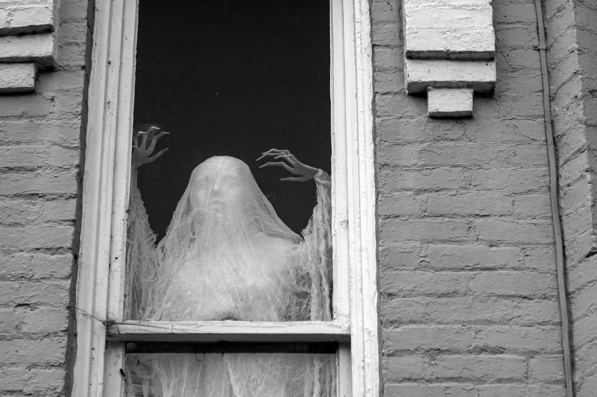 A Halloween decoration of a ghostly woman looking out a window in a Washington D.C. home.