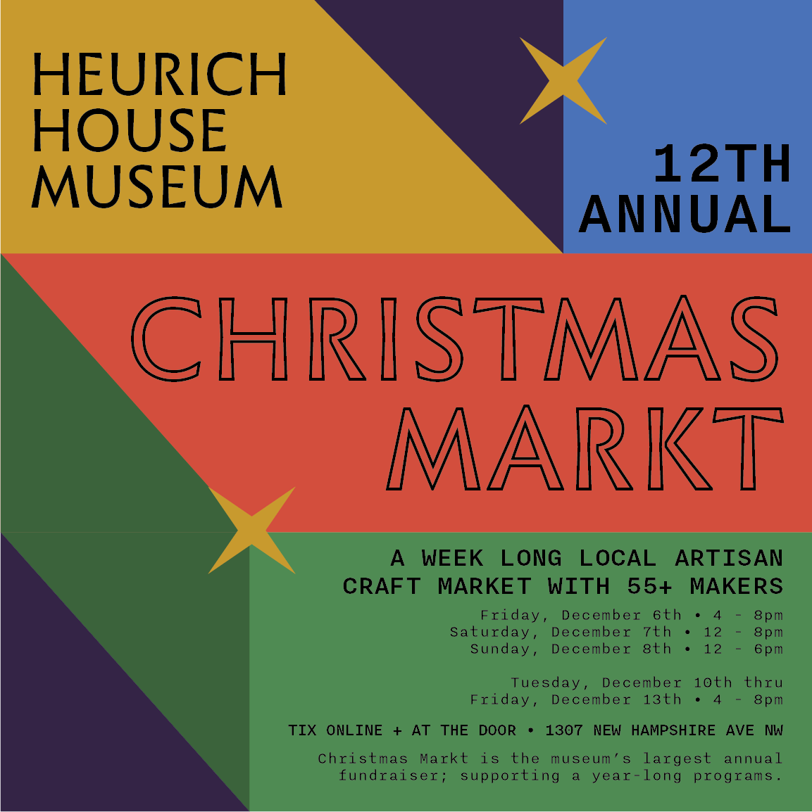 Colorful flyer with gold, purple, blue, red, and green for Christmas Market. 