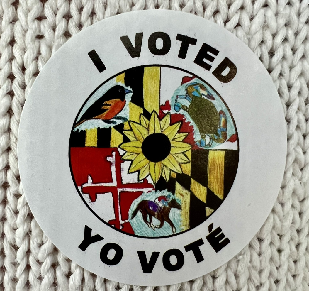 Maryland "I voted sticker" with images of an oriole, a blue crab, and a racehorse.