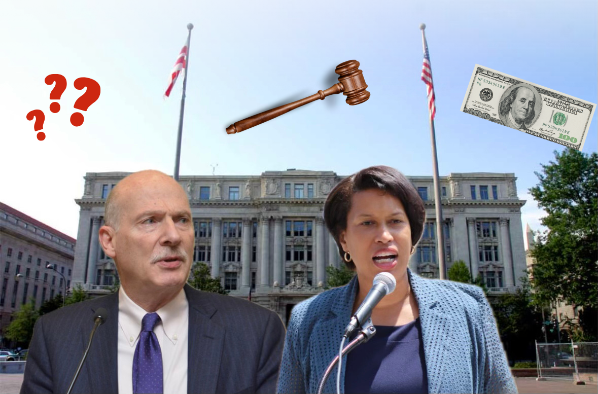 A picture of Chairman Phil Mendelson and Mayor Muriel Bowser with question marks, a gavel, and a $100 bill.