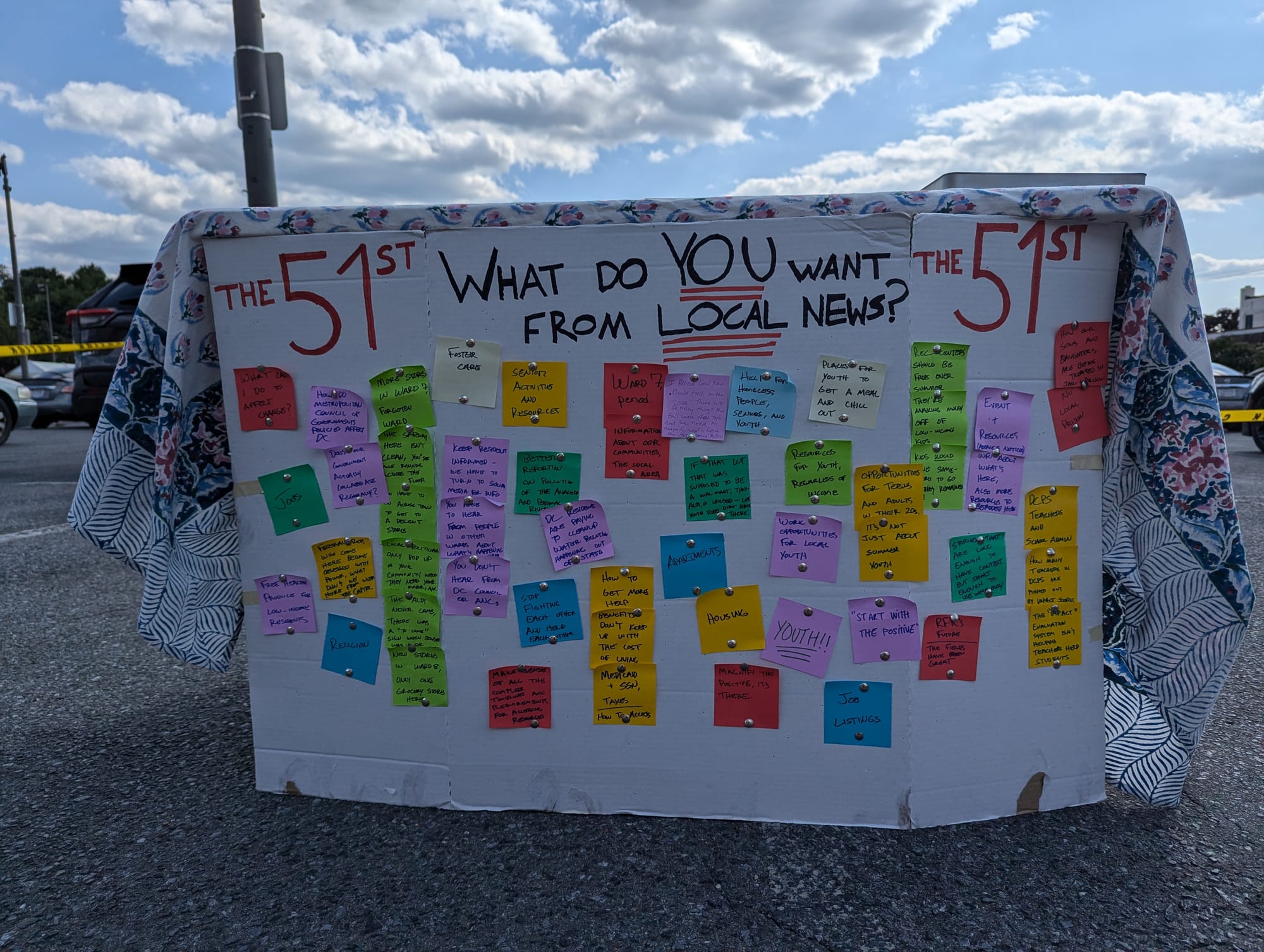 A photo of a tri-fold board that reads "What do YOU want from local news?" with sticky notes. 