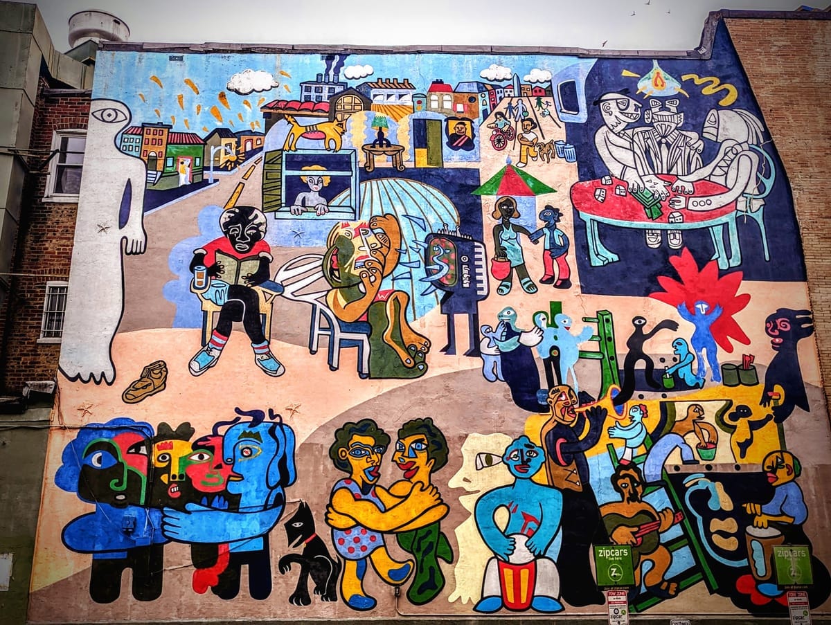 A whismical mural of cartoon people dancing, playing music, and playing cards. 