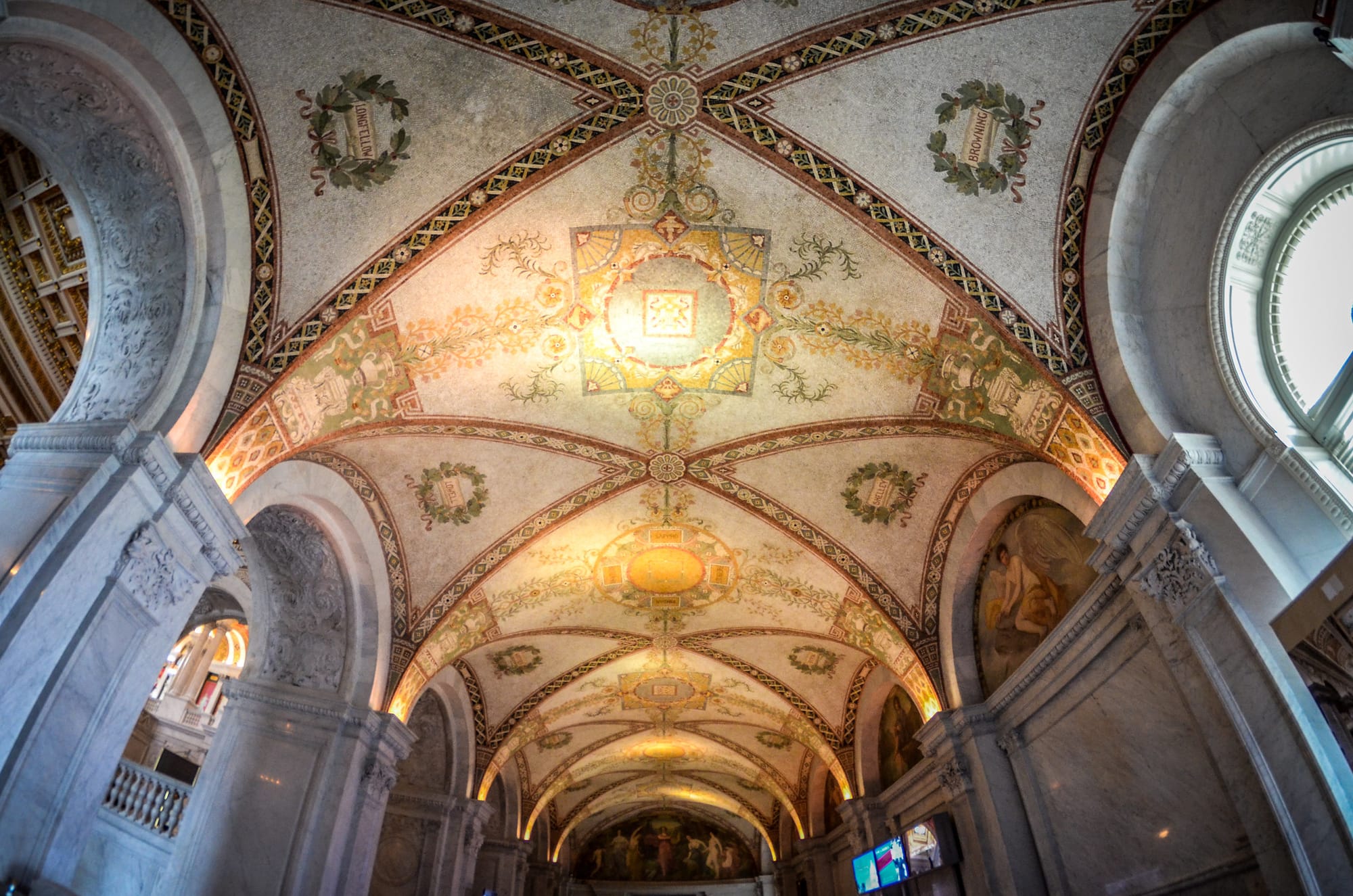 A view of a decorative ceiling in the Library of Congress.