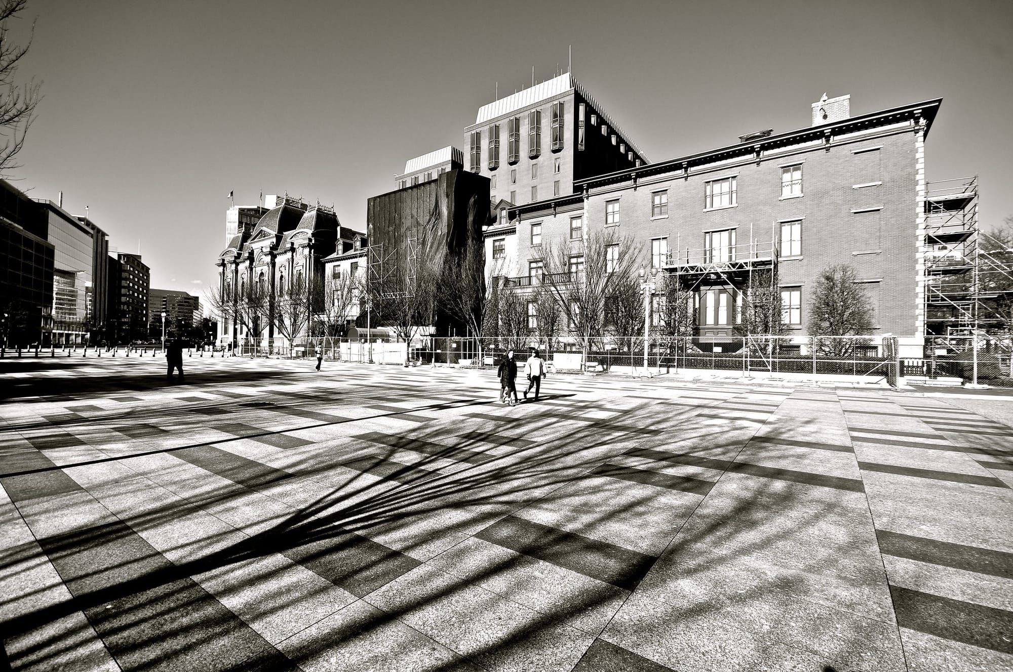 A black and white image of a pedestrian only area on Pennsylvania Ave.