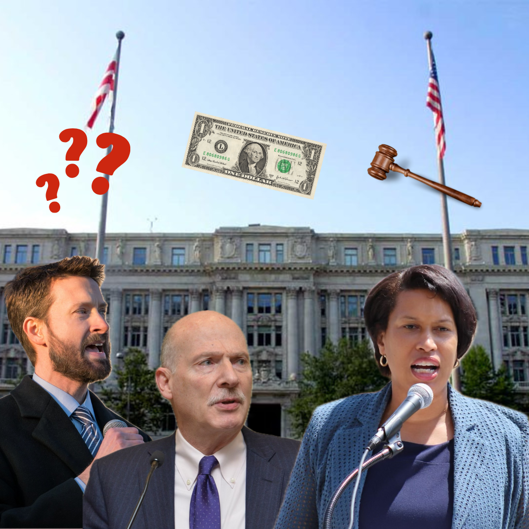 An collage of Councilmember Charles Allen, Chairman Phil Mendelson, and Mayor Muriel Bowser in front of the Wilson Building, with stickers of question marks, a dollar sign, and a gavel.