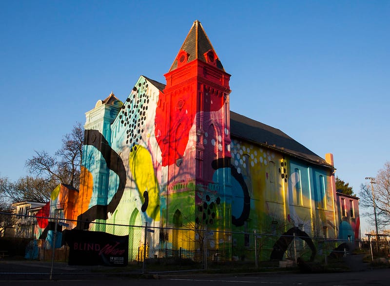 A view of Culture House, colorful paint all over the building