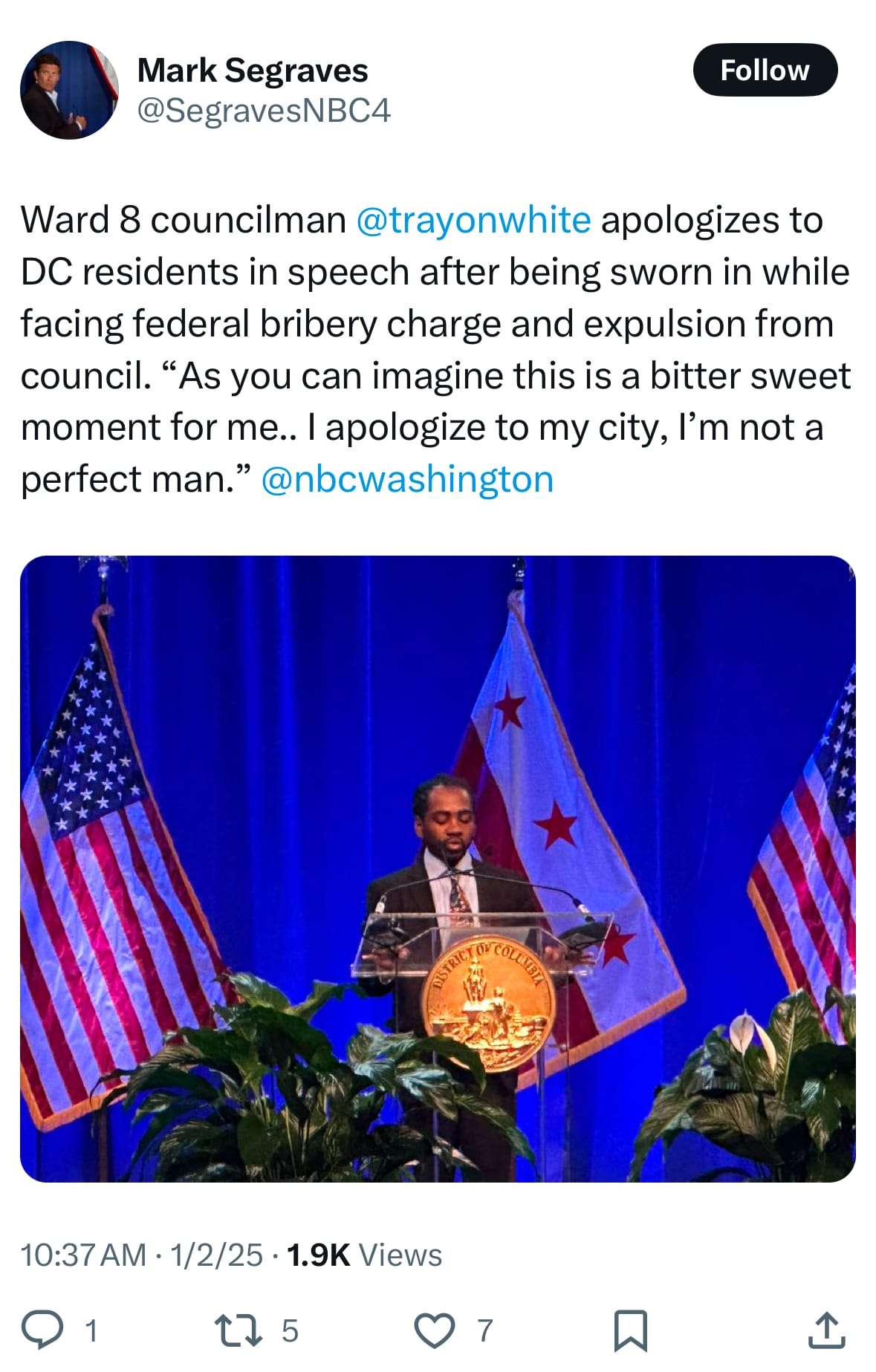 A screenshot of a tweet that shows Ward 8 Councilmember Trayon White at his swearing in ceremony.