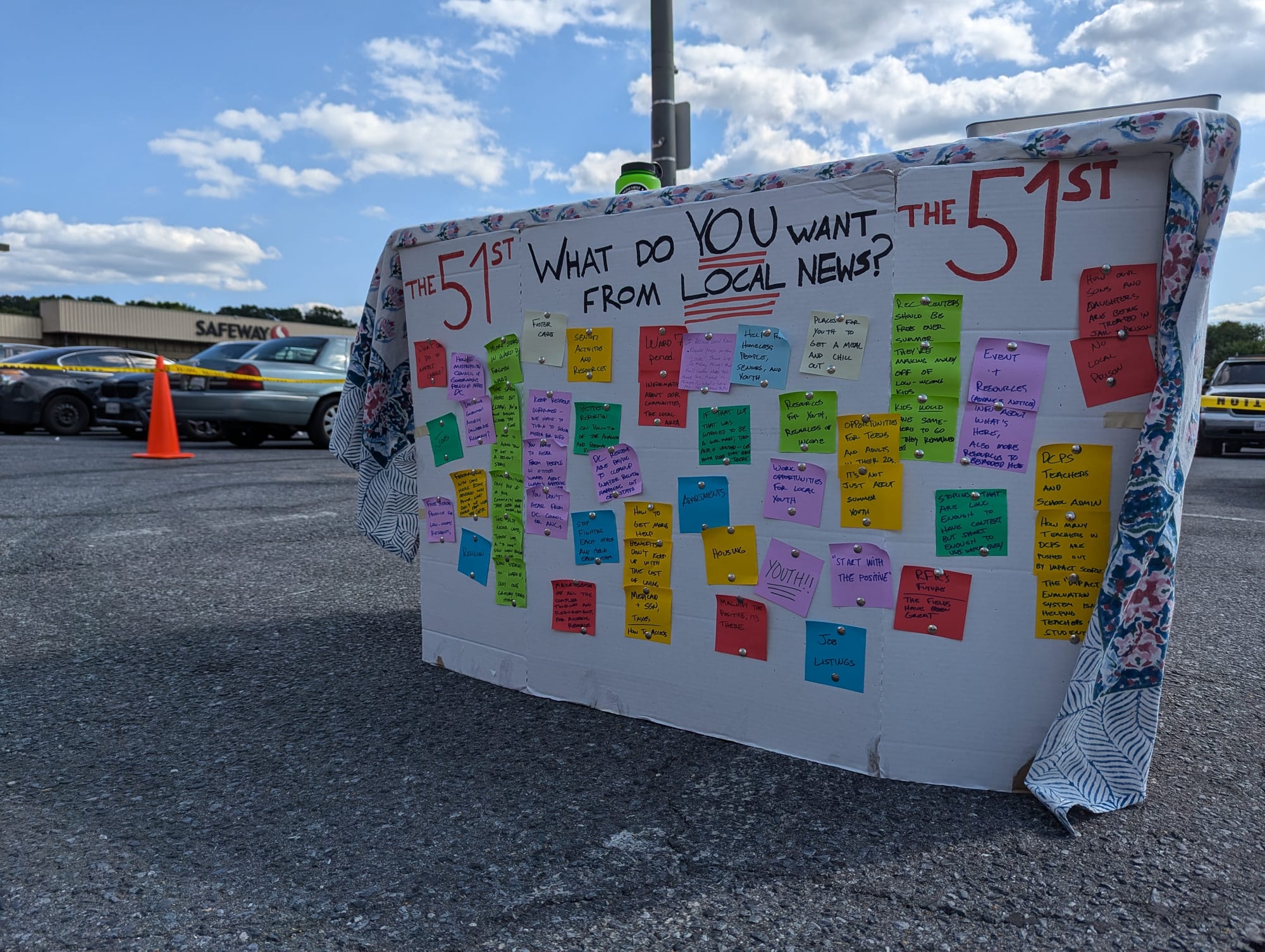 A large poster that reads: "What do you want from local news?" with colorful sticky notes providing answers below.