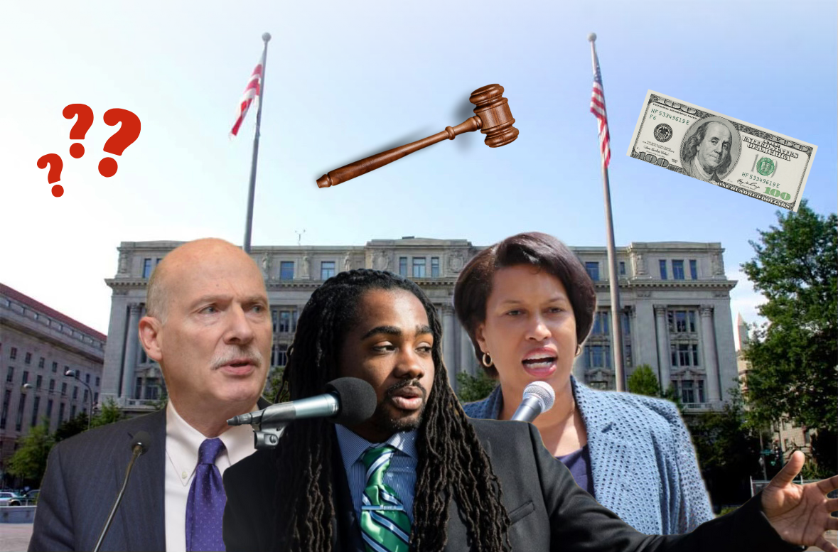 A graphic featuring Trayon White in front of as microphone, Mayor Muriel Bowser, and Council Chairman Phil Mendelson.