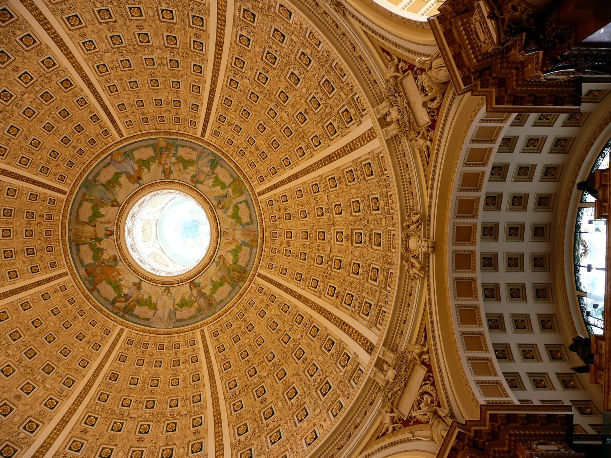 A view of the domed ceiling at the Library of Congress.