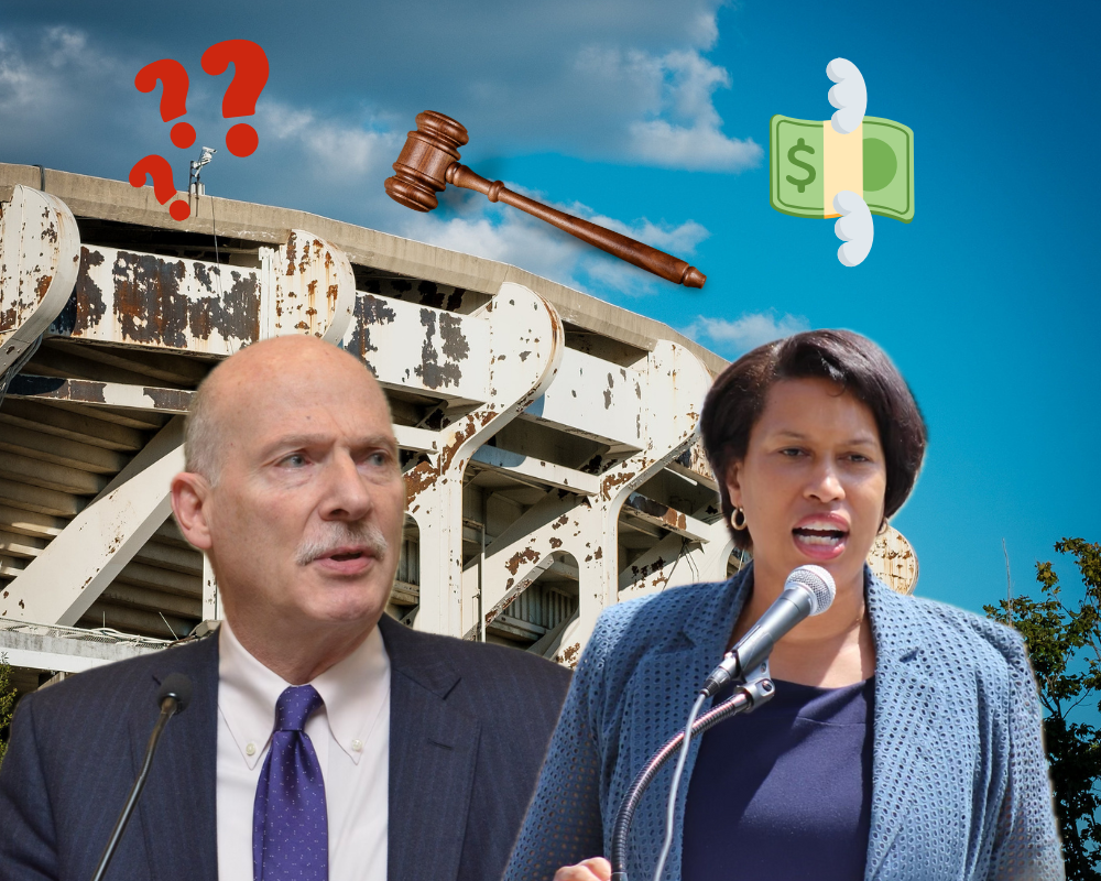 Photos of Mayor Bowser and Phil Mendelson pasted over RFK stadium, with clips of question marks, a gavel, and a dollar sign. 