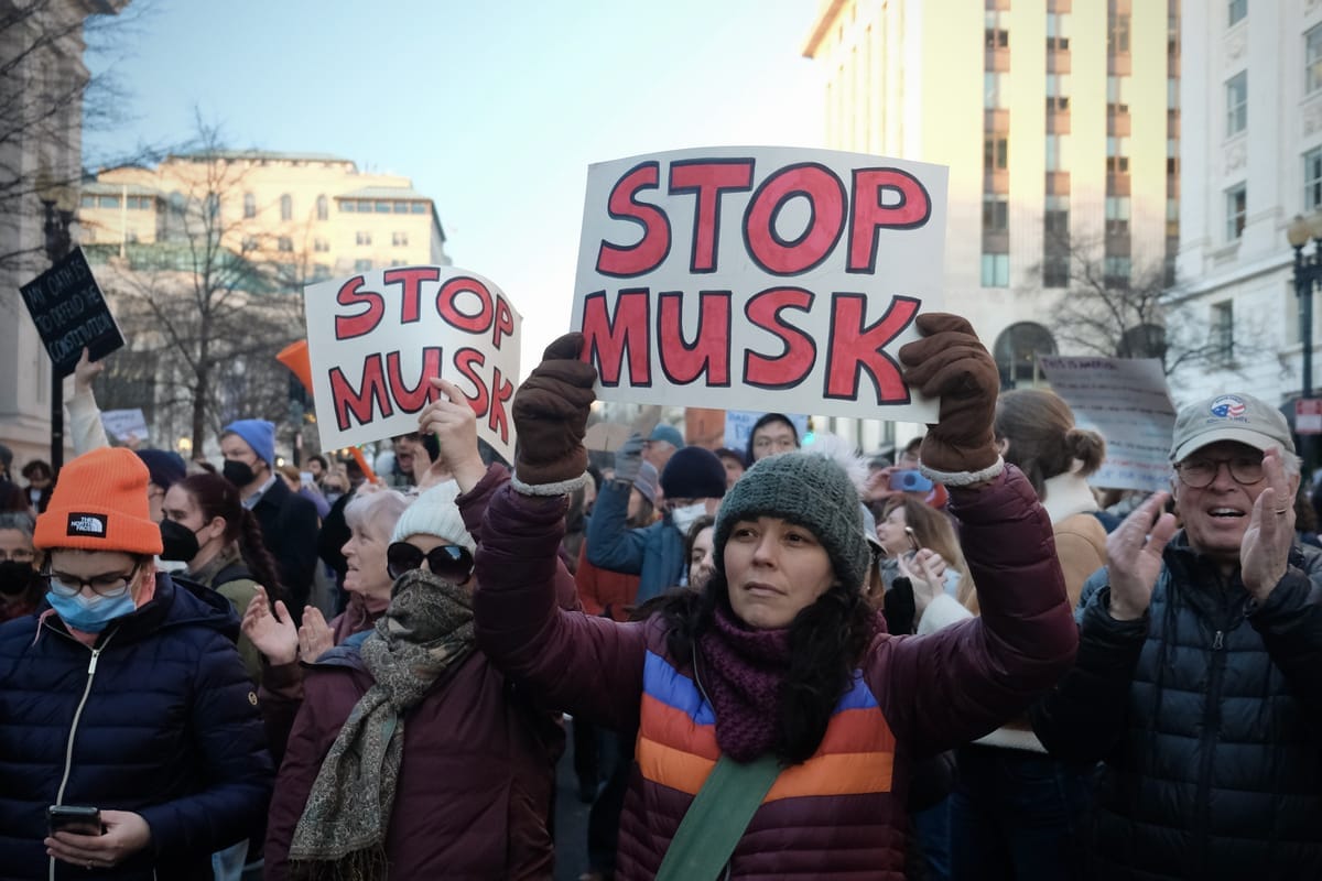 Protesters stand with signs that say "STOP MUSK." 