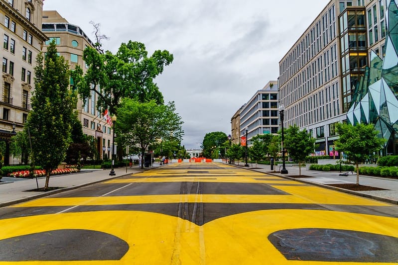 A roadway with Black Lives Matter painted on it in downtown D.C. 