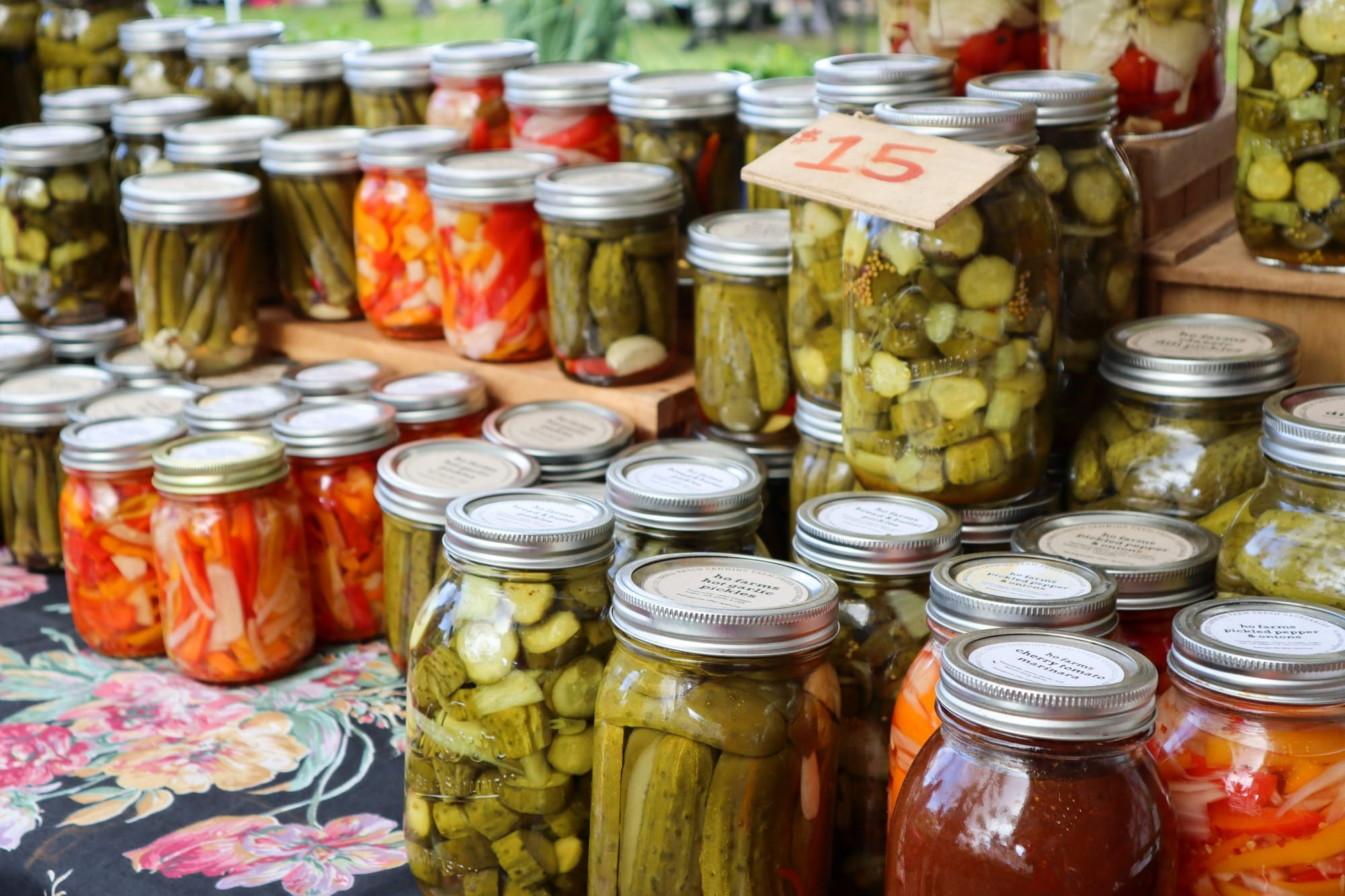 a display of jarred vegetables 