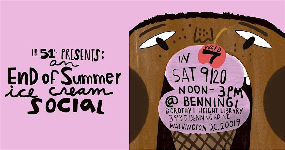 Illustration that says "The 51st presents and End of summer ice cream social", along with the date, time and place.