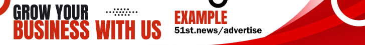 Graphic that says "Grow your business with us" "example" and "51st.news/advertise"