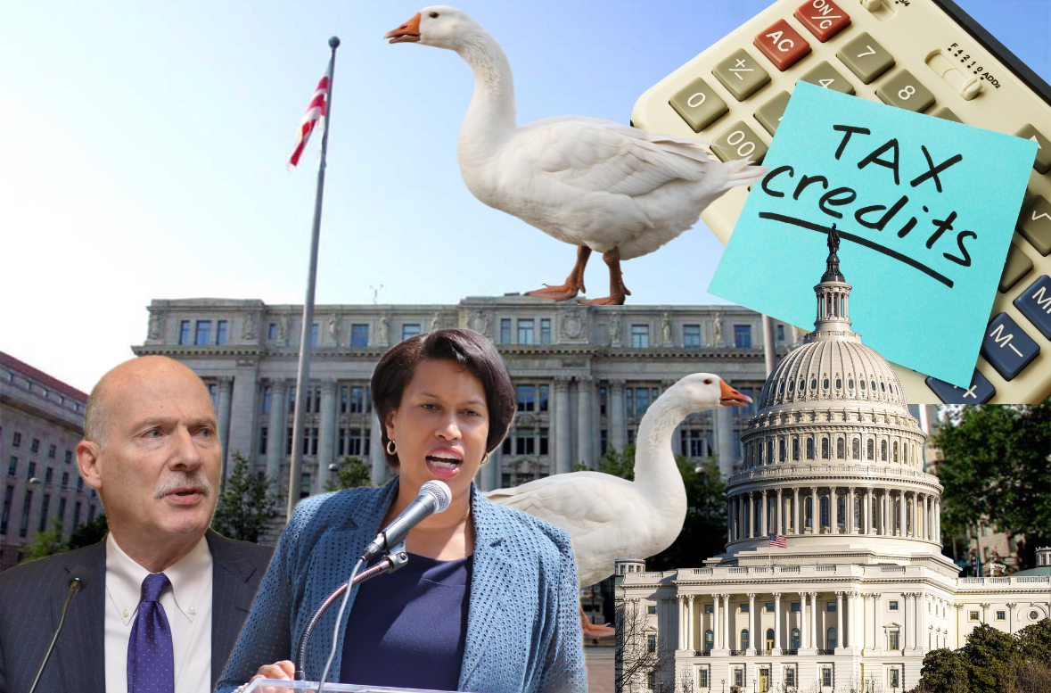 An image of a white man and Black woman alongside government buildings, ducks, a calculator and sticky note that reads: tax credits.