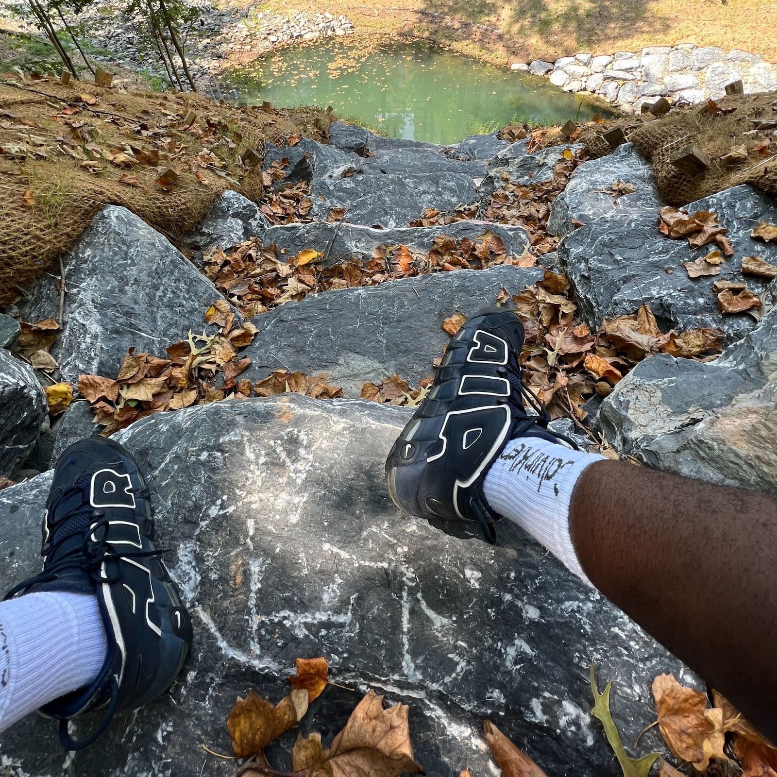 Two feet in sneakers on a rock in park overlooking a pool of water and autumn leaves.