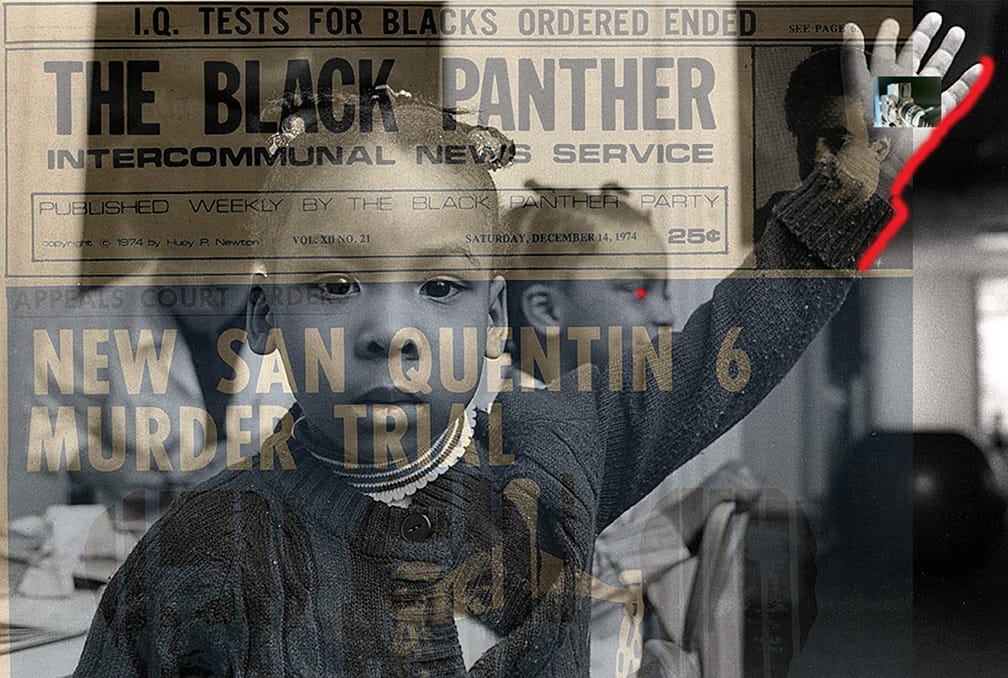 A collage layers newspaper reporting on top of a photo of a Black child raising her hand.