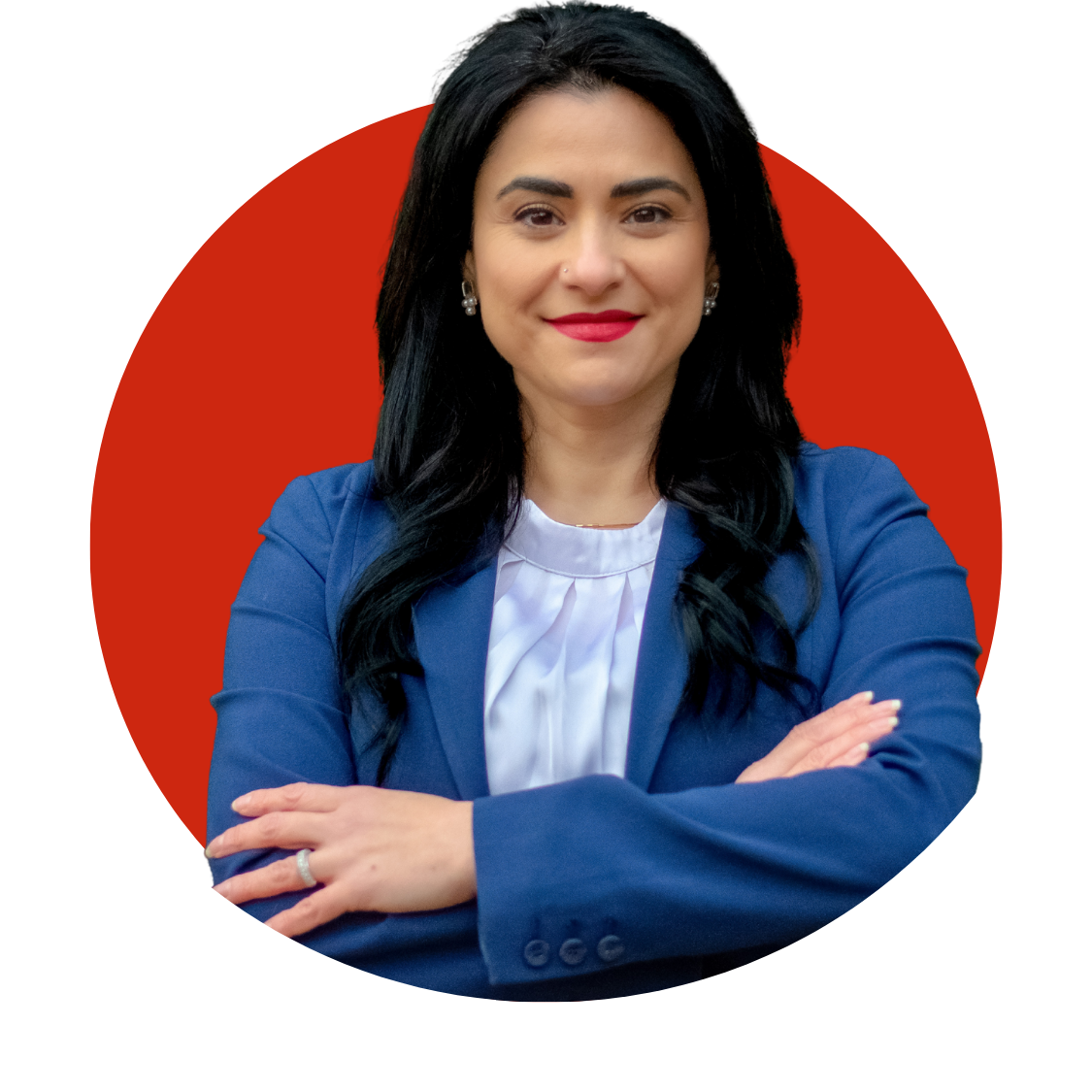 A portrait of Alicia Contreras-Donello against a red background. 