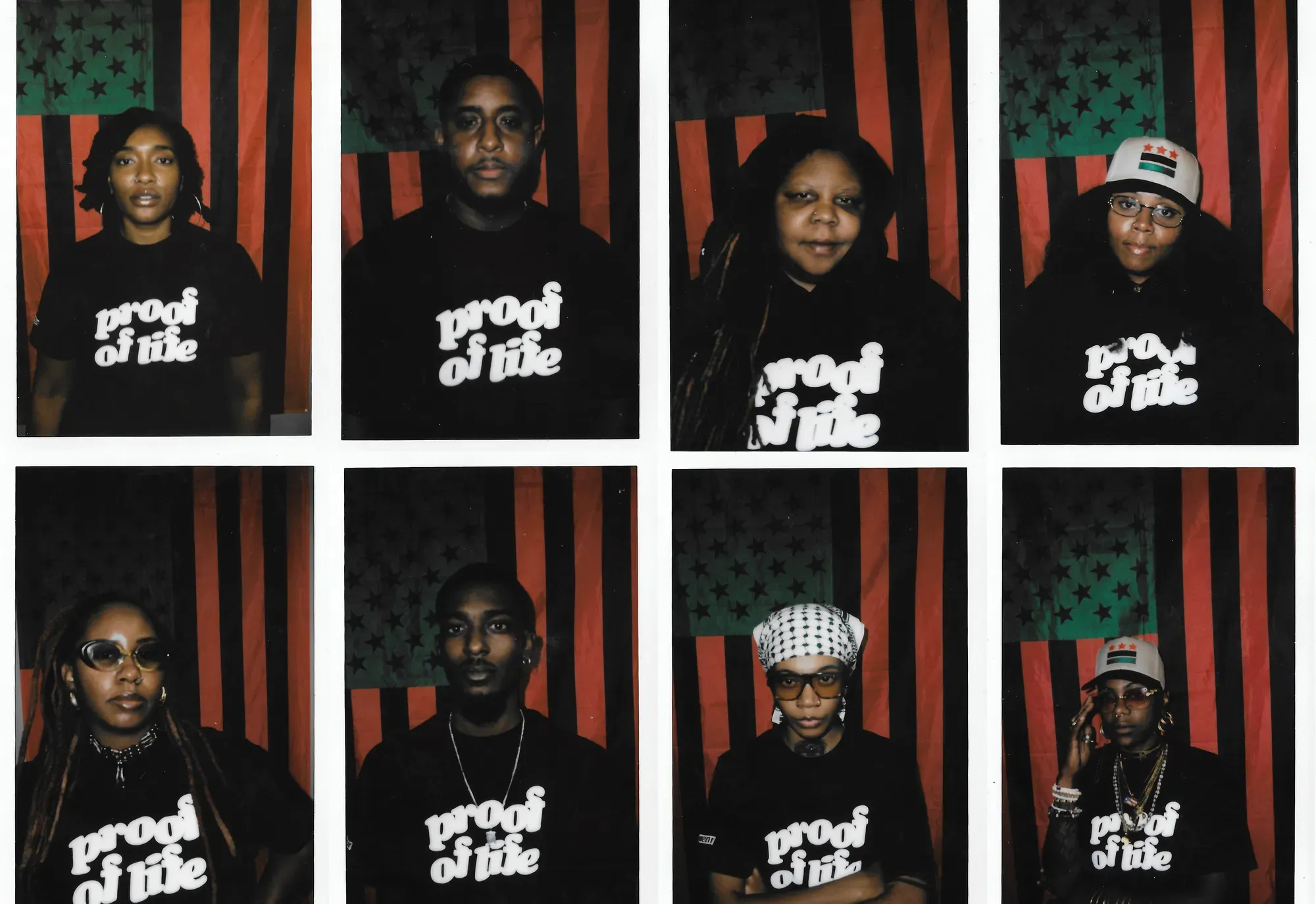 Polaroid portraits of Black people wearing shirts that read "Proof of Life"