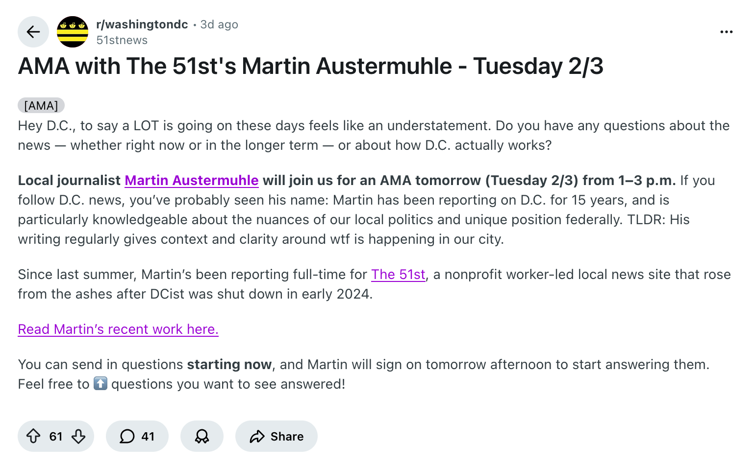 A screenshot of a Reddit thread titled "AMA with The 51st's Martin Austermuhle - Tuesday 2/3"