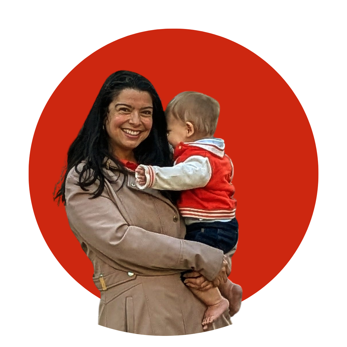 A portrait of Kathleen Borgueta agaisnt a red background, she's holding her son in her arms. 