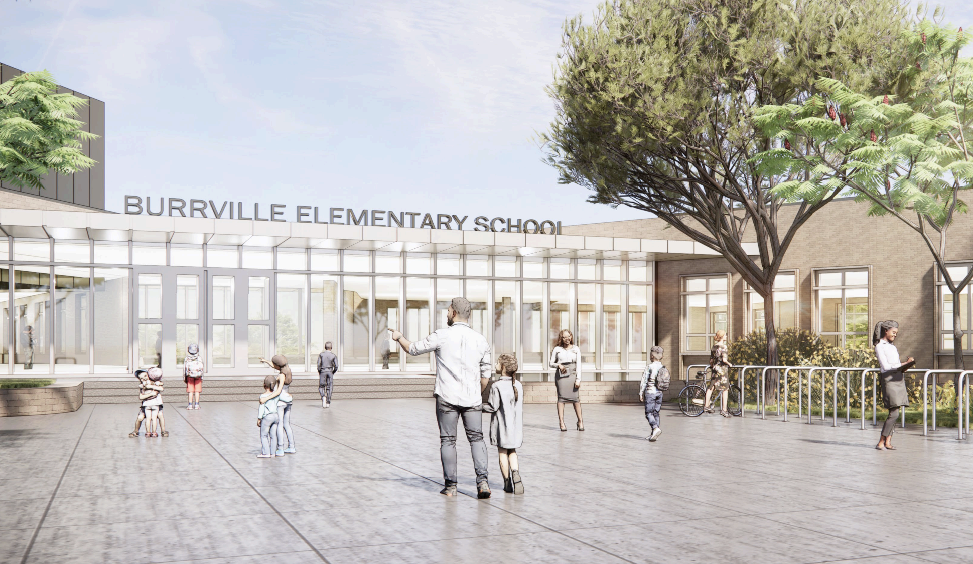 Rendering of a glass-fronted building with a large sign that reads Burrville Elementary school