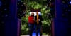 A couple stands in a doorway, smiling upward, with Christmas decorations visible behind and in the foreground.