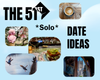Text reads: The 51st Solo Date Ideas, with a collage of images of ice cream, coffee, birds, a sandwich, and a cathedral