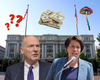Mayor Bowser and Chairman Phil Mendelson photoshopped in front of the Wilson Building.