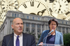 A graphic of Council Chairman Phil Mendelson and Mayor Muriel Bowser in front of the Wilson Building with clocks overhead.