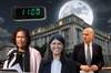 A graphic of D.C. mayor and council members behind dark building with a clock and moon overhead.