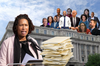 A photo illustration showing Mayor Bowser on one side of the Wilson Building, DC councilmembers on the other, and a pile of file folders between them.