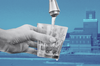A photo illustration of a hand holding a glass cup, as water from a faucet fills the cup with the Dalecarlia Water Treatment Plant in the background. .
