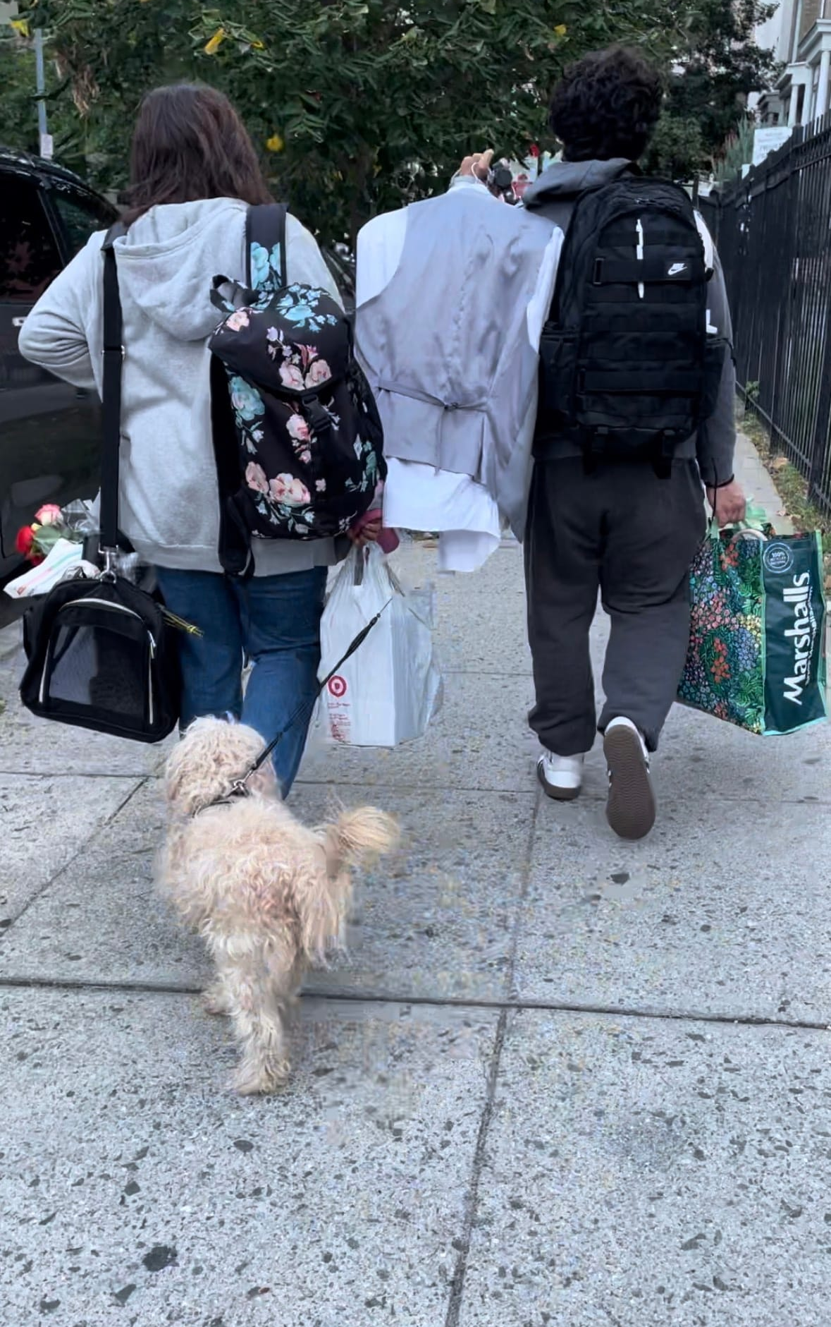 Image shows two peole walking on a sidewalk carrying belongings and walking a dog