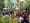 A picture of a couple dozen people gathered in a garden on a sunny day, with colorful row houses in the background.