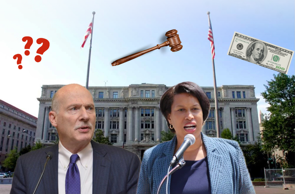 Phil Mendelson and Mayor Bowser in front of the Wilson Building, with graphics of question marks, a gavel, and money. 