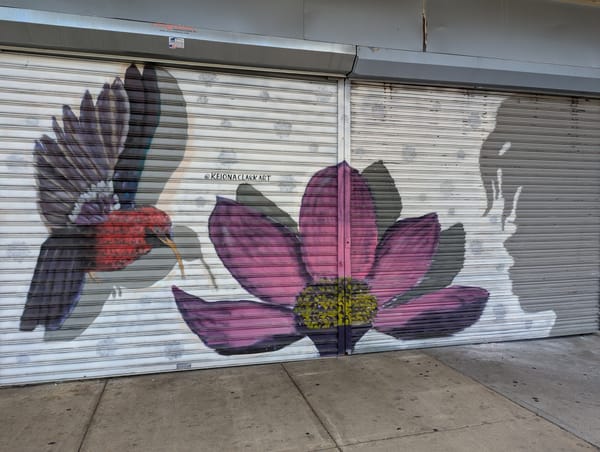 Mural featuring a hummingbird, flower, and shadow of a person, painted across two rollup doors.