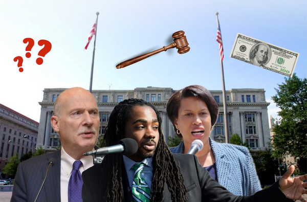 graphic featuring Trayon White in front of as microphone, Mayor Muriel Bowser, and Council Chairman Phil Mendelson.