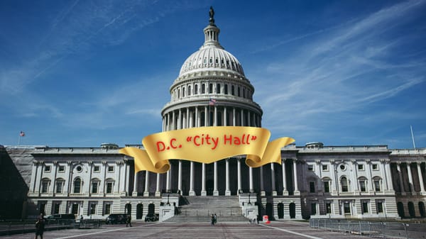 A photo of the U.S. Capitol building with a fake banner added on top of it that reads "D.C. 'City Hall."