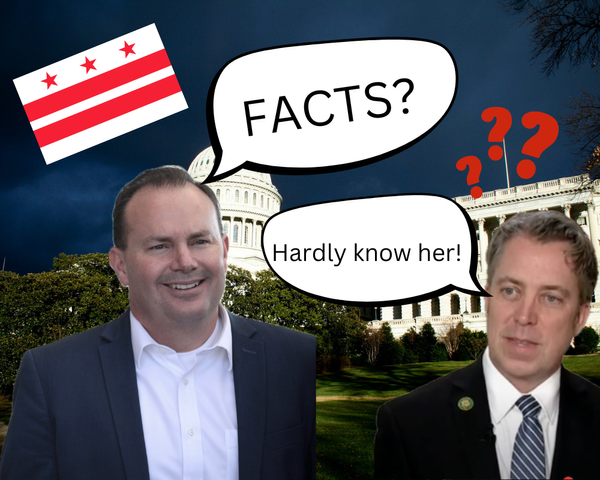 A collage of Sen. Mike Lee and Rep. Andy Ogles in front of the U.S. Capitol with large question marks, the D.C. flag, an