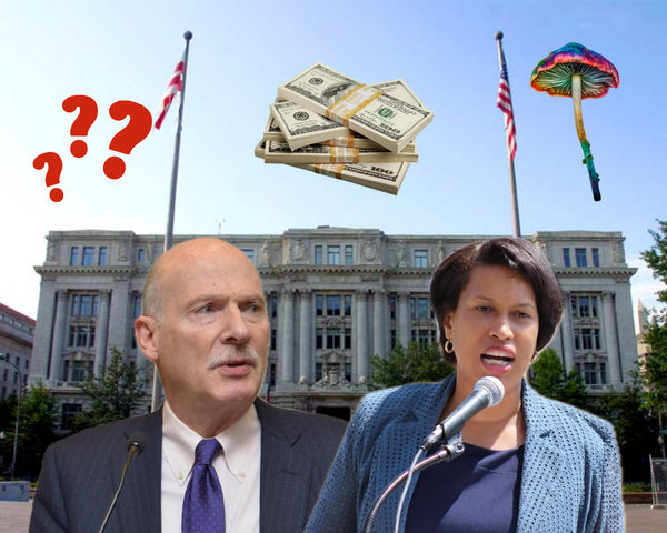 Mayor Bowser and Chairman Phil Mendelson photoshopped in front of the Wilson Building. 