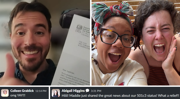 A collage of pictures of 51st teammates with cebratory excited faces, and two screenshots of messages celbrati