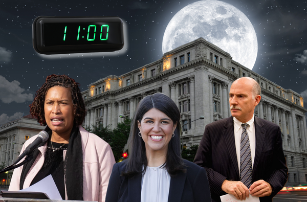 A graphic of D.C. mayor and council members behind dark building with a clock and moon overhead.
