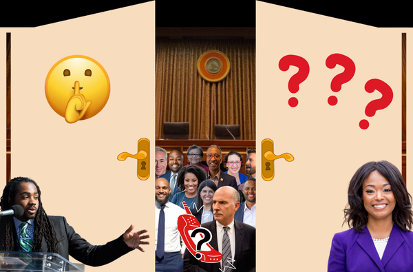 Photo illustration depicting all of the D.C. Council members behind a pair of closing doors, except for Janeese Lewis-George and Trayon White Sr.
