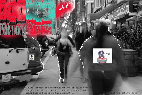 A collage layers artistic elements on top of a photograph of people walking on a street in D.C.'s Adams Morgan.